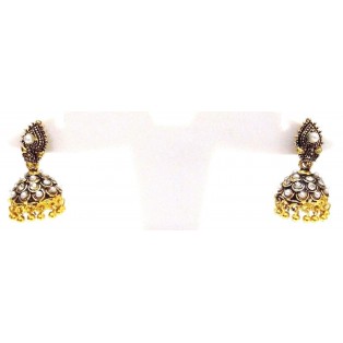 Golden Oxidized Earring Jhumka - Push Back - Dangle Drop Long Chandelier - White